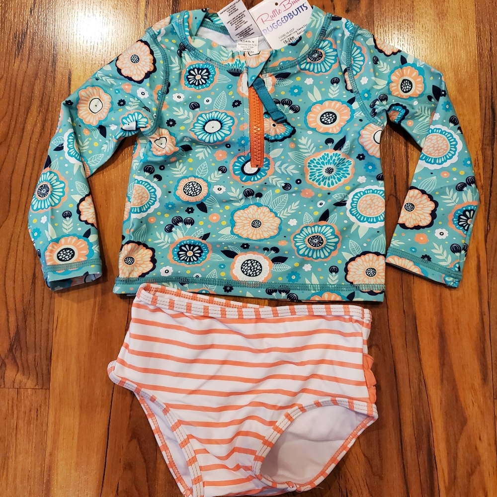 NWT Ruffle Butts Island Dream Zipper Rash Guard Bikini
